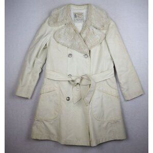 VINTAGE 70s WOMEN'S BEIGE FAUX FUR LINED DOUBLE-BREASTED COAT - LONDON FOG - 12